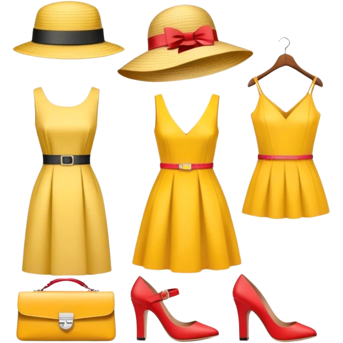 Icon for Fashion Design: a clothing scheme, a measuring tape and a pencil, a stylish hat, a bright dress, shoes and a handbag with measurements. The emoji should represent the creative and precise process of fashion design. Transparent background. emoji