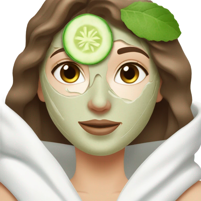 White girl with Brown hair and blue eyes wears a Green colored skincare clay textured mask and puts on cucumbers around her eyes while She relaxes in her white Robe emoji