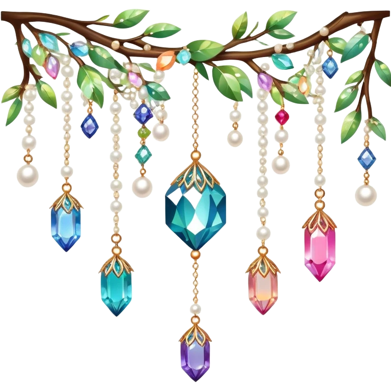 Exotic colorful romantic Few cute tiny Iridescent glistening glossy sparkly shiny glittery hanging crystals pearls and beads and gemstones scenery scenic decorations with branches and flowers emoji