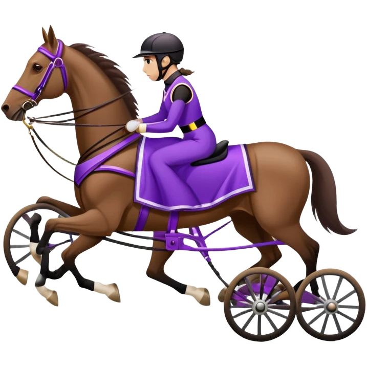 A high-speed harness racing horse that is brown and with four legs. The sulky, a lightweight two-wheeled cart, should be black and attached to the harness. The driver should be sitting in the sulky with a purple dress. emoji