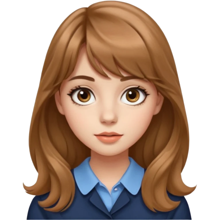 24세 광고홍보전공하는 대학생 여자, 앞머리가 있는 회갈색의 긴 웨이브 머리, 같은 회갈색 컬러의 눈썹,  큰 눈에 아이라인이 그려져있고 동그란 코에 적당한 입술 두깨, 시크한 표정 emoji