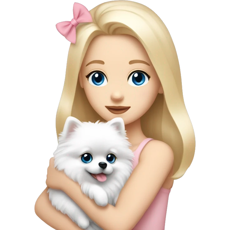 Blond girl white skin blue eyes hugging white Pomeranian with light pink bow emoji