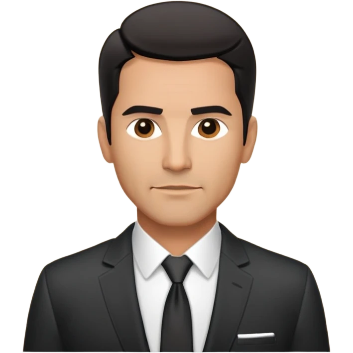Handsome athletic Hispanic man in his late 40s with tan complexion, short black straight hair combed back with faded sides, square masculine face with defined jawline, neutral-friendly TV presenter expression, black suit jacket worn open with white button-up shirt visible emoji
