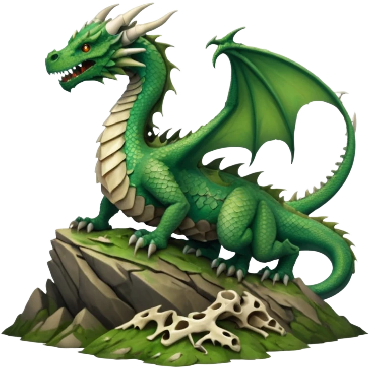 A giant dragon sitting on a mountain looking at the other dragon that is cover in bones emoji