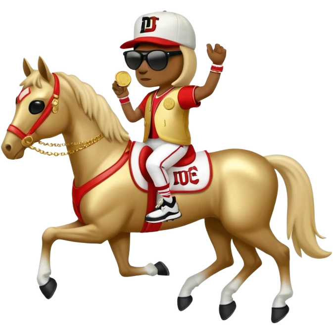 anthropomorphised horse dressed like a member of RUN DMC, hip-hop outfit, gold medal, baseball hat, sunglasses emoji