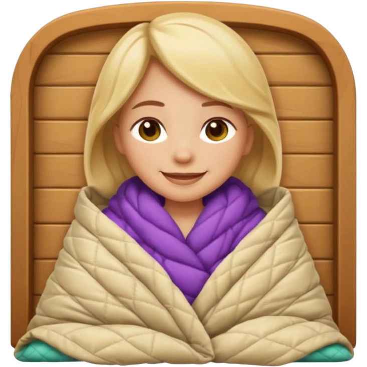 Create an iOS‑style emoji of a girl wrapped in a thick quilted blanket, smiling calmingly with a relaxed, cozy cabin vibe and soft lighting. emoji