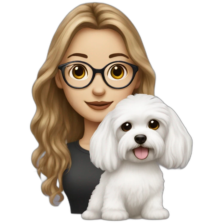 Long hair, eyeglassed turkish girl with white maltipoo emoji