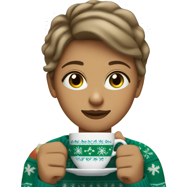Light brown short haired girl with green eyes drinking coffee wearing blue Christmas sweater emoji