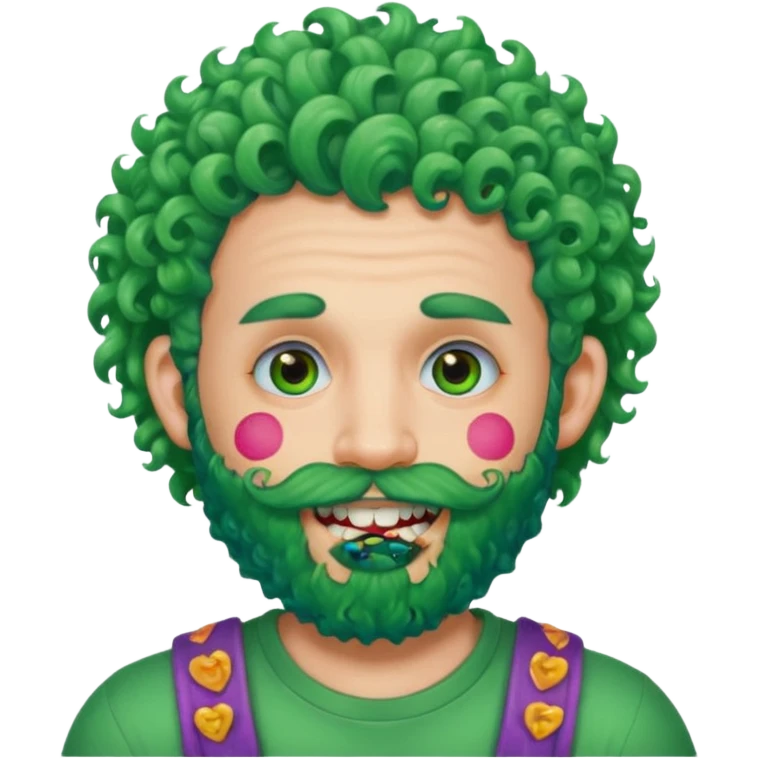 very colorful puffy green curly haired man just beard  no mustache made out of candy wearing teeth-braces and excessive face tattoos just face  emoji