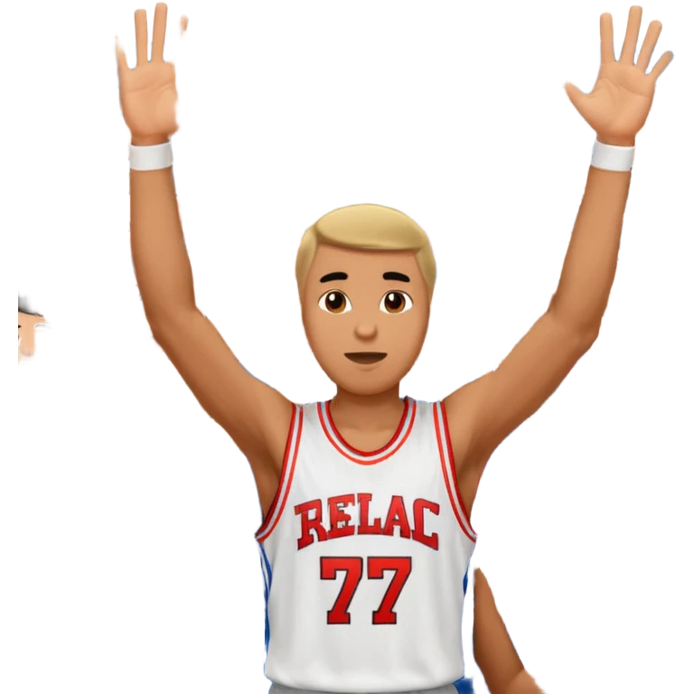 Maverick Trevillian in the crowd at an amateur basketball game. He leans towards the camera and enthusiastically shouts "six seven while performing a distinctive hand gesture: both hands open, palms facing upward, moving up and down as if weighing two options. emoji