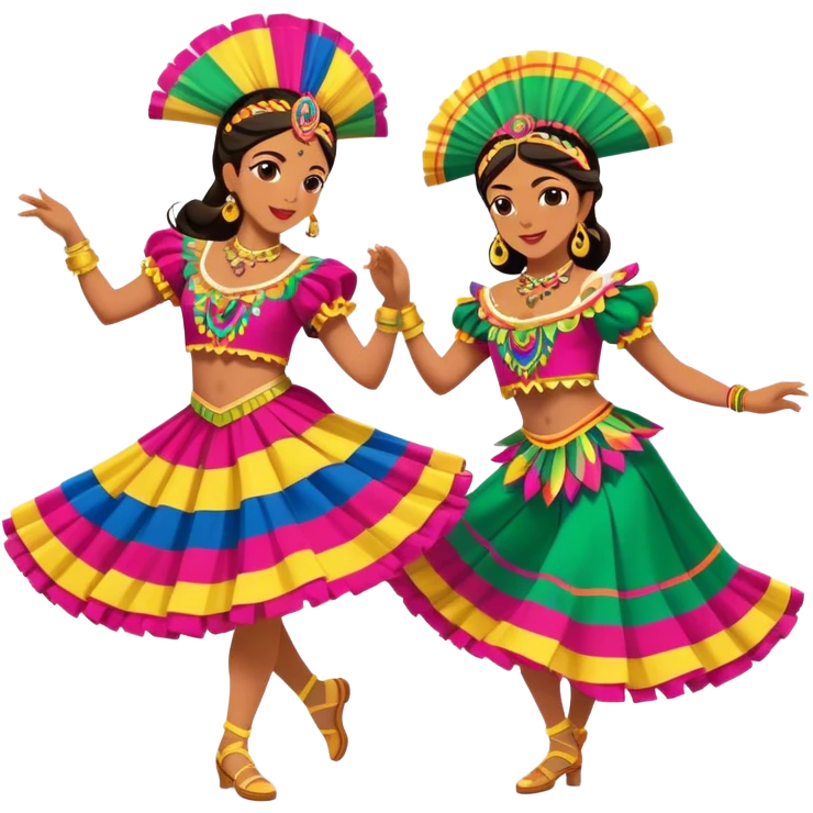 Cinematic Realistic scene of two dancers performing Cumbia, adorned in colorful traditional Colombian costumes with intricate details, captured in rhythmic motion with lively, festive lighting emoji
