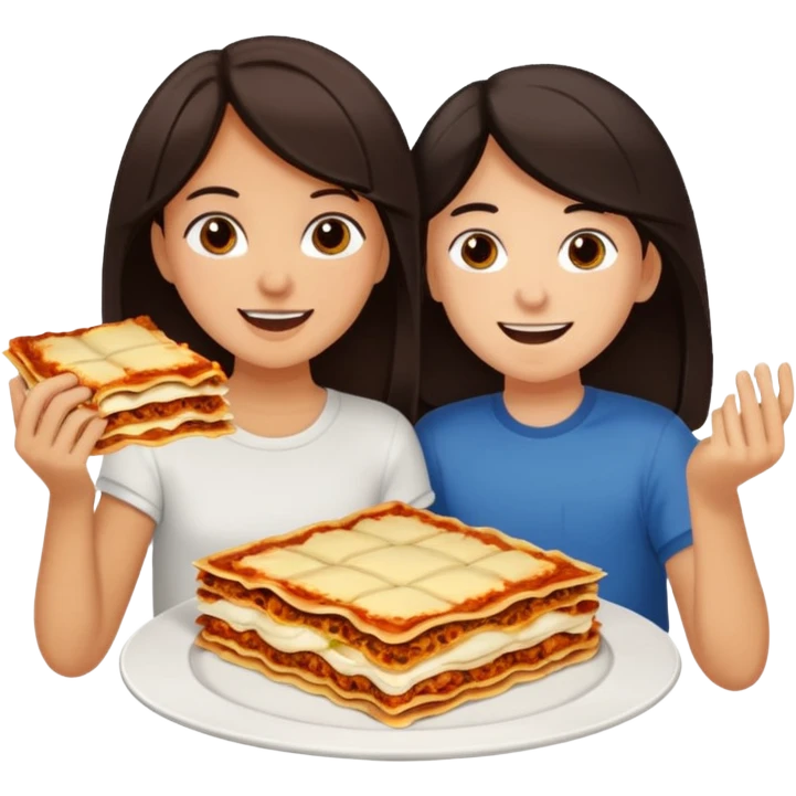 tan girl with dark hair and white guy with dark hair eating lasagna together emoji