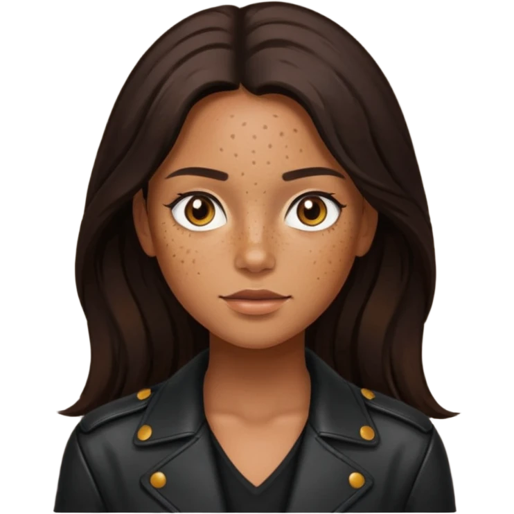 Tan skin with freckles, long dark hair, hazel eyes Dominatrix  emoji