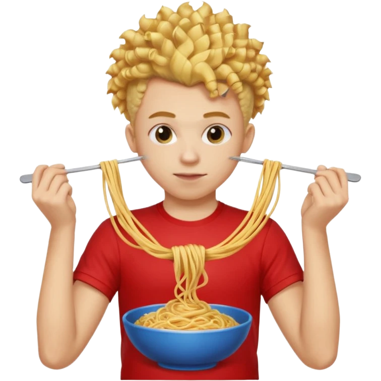 una persona de 18 años marron clarito con el pelo amrillo rizado con una camiseta roja y azul con un logo circular dorado y levantando unos spagethis y que tenga el pelo para abajo con boicano emoji