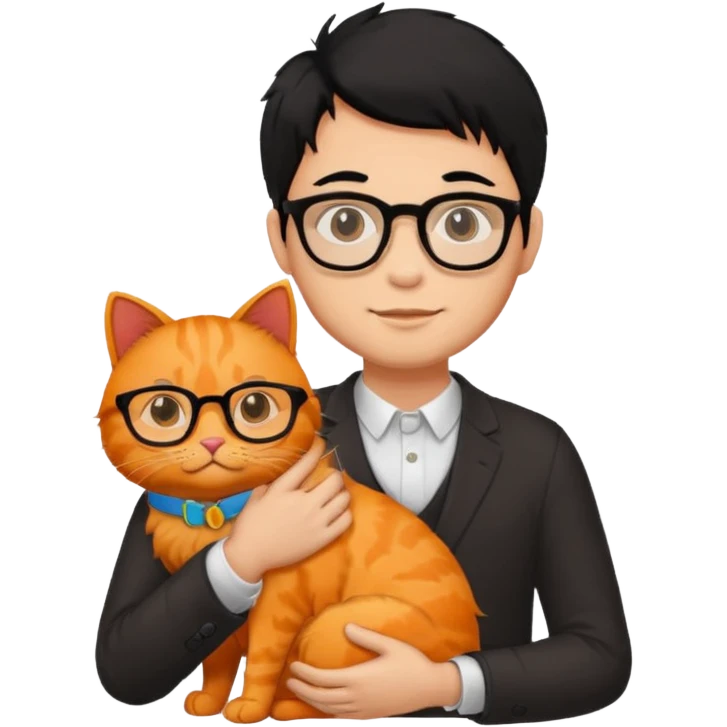 Veterinario hombre trigueño con lentes, con cabello negro y  un gato naranja emoji