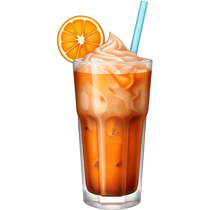 Cinematic Realistic Thai Ice Tea Drink Emoji, depicted as a chilled glass of sweet, creamy iced tea rendered with vivid textures and refreshing, dynamic lighting. emoji