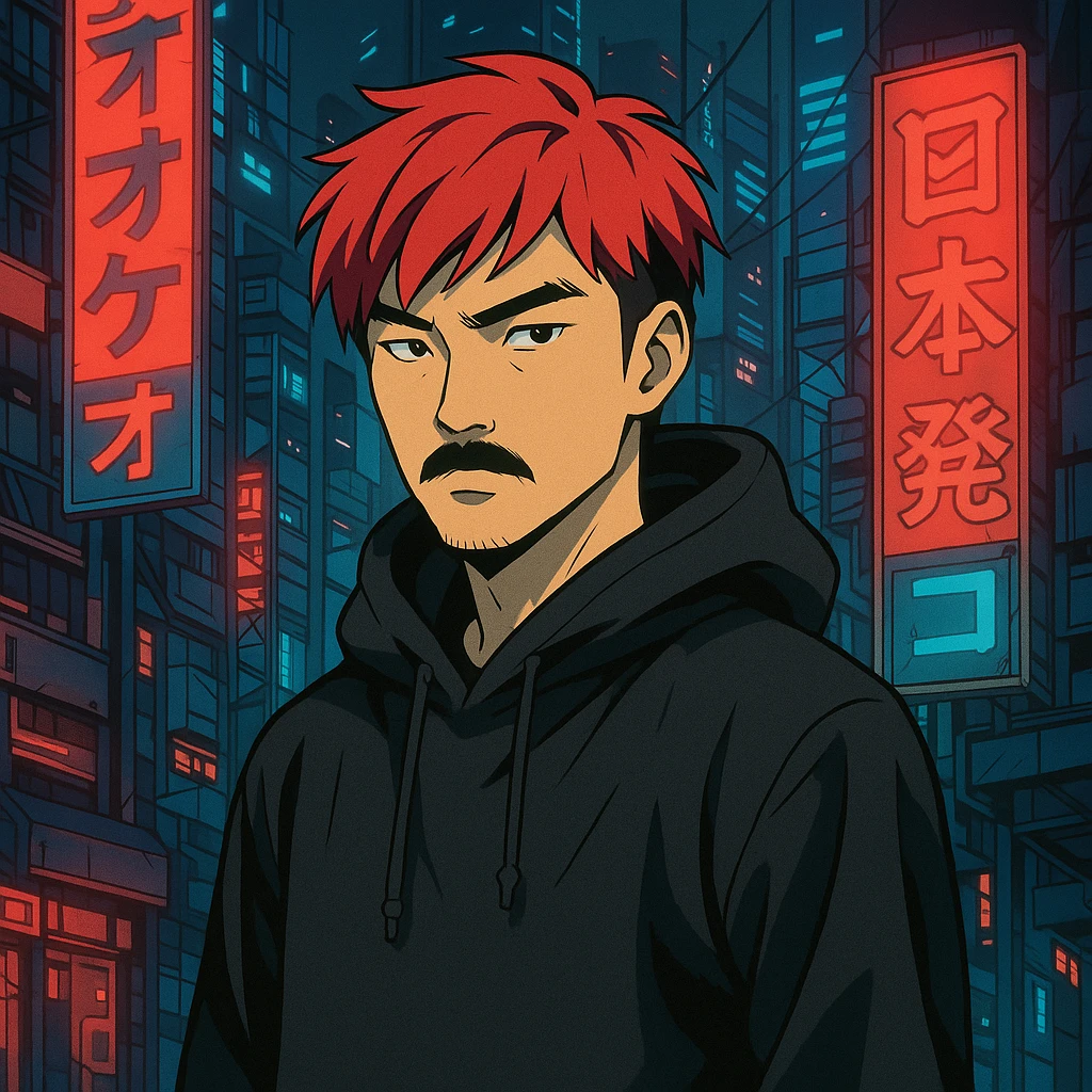 Asian man with black mustache, red hair, black hoodie, futuristic city background, Japanese cyberpunk anime style emoji