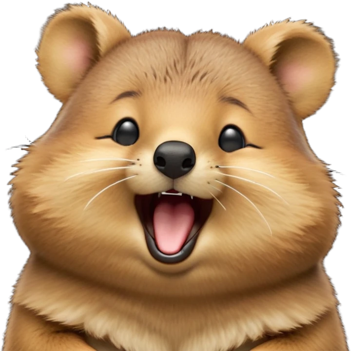 cinematic-realistic  yawning quokka-emoji,-small-round-frame, head tilted in an endearing manner, wouth wide open yawning, sleepy comical smile, round fluffy cheeks, giant-fluffy-cheeks-large-smile-fluffy-brown-fur-radiating-a-warm-softness,-big-round-eyes-filled-with-joy, realistic round  fluffy zoomed in, large black eyes one paw raised in the air emoji