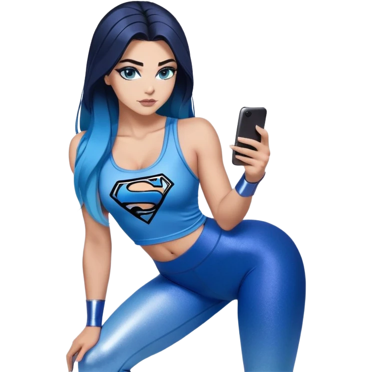 looking up at the sky-texting on phone-very very very large upper body-sexy face-bending forward at waist-very long very straight dark blue to light blue ombre hair-and-blue eyes-thick black eyeliner-thick long eyelashes-iridescent blue lowcut tanktop with black leggings with glitter superman logo emoji