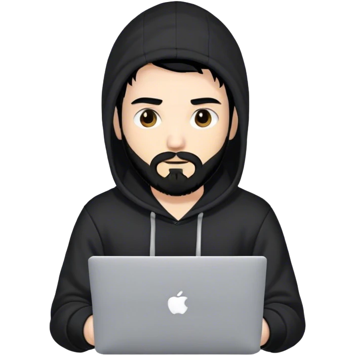 hackeur blanc cheveux noir barbe et capuche noir avec un macbook emoji