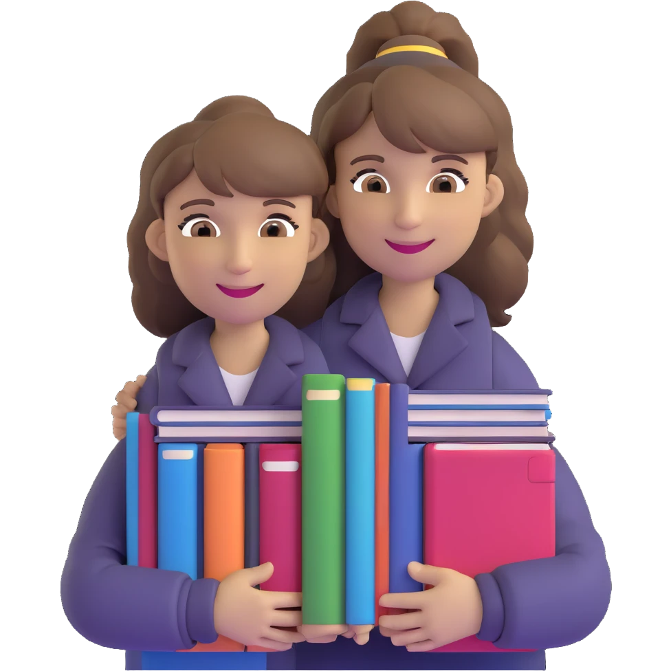 middle-aged science teacher, light brown hair in ponytail with bangs, brown eyes, smiling and holding a stack of science books emoji