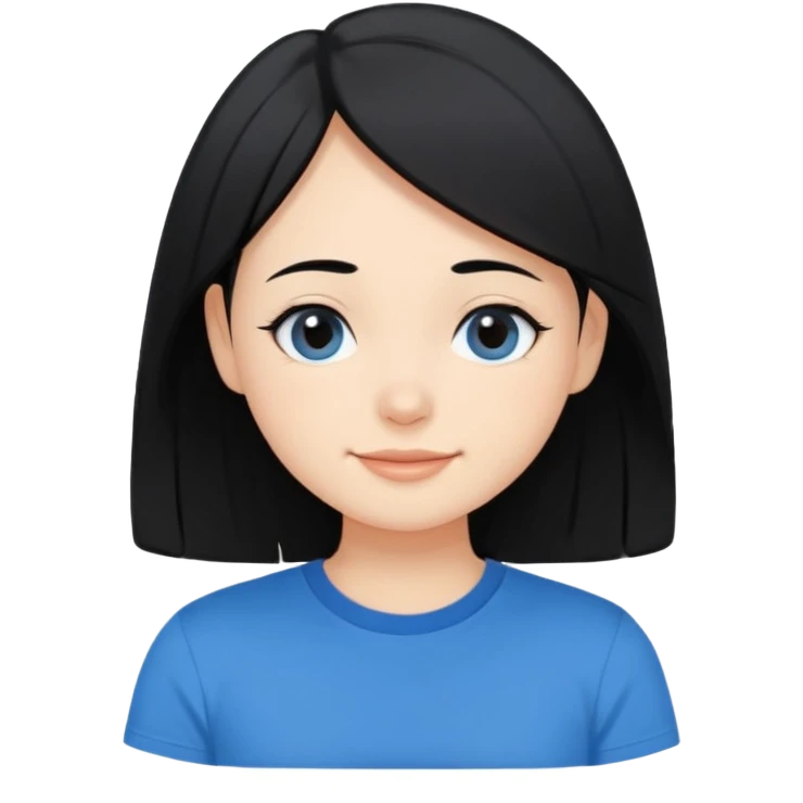 Cute cartoon-style girl portrait, black hair, blue t-shirt, big black eyes, closed mouth,clean bold lines, flat colors, minimal shading emoji