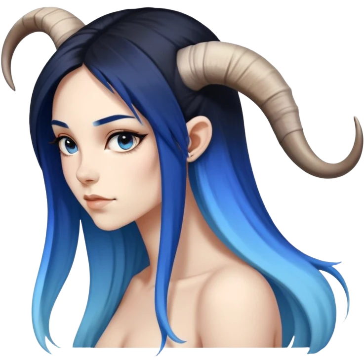 Art of woman's very sexy body scheme anatomy-very long straight black to blue hair ombre-side view-small goat horns emoji
