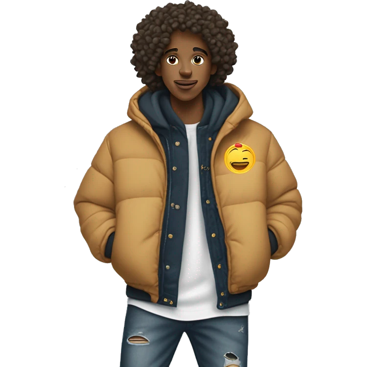 Ein Junge mit locken macht West side Hand zeichnen und trägt ein schwarzen hoodie mit einer Puffer Jacke mit einer baggy Jeans und Nike Schuhe  emoji