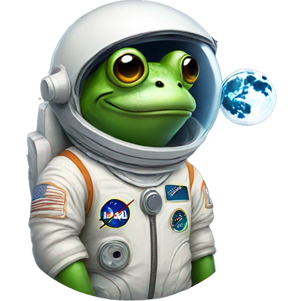 Frog wearing astronaut suit holding the moon emoji