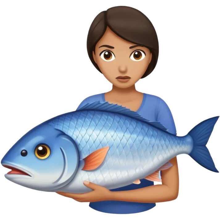 Annoyed Brunette Woman carries huge fish emoji