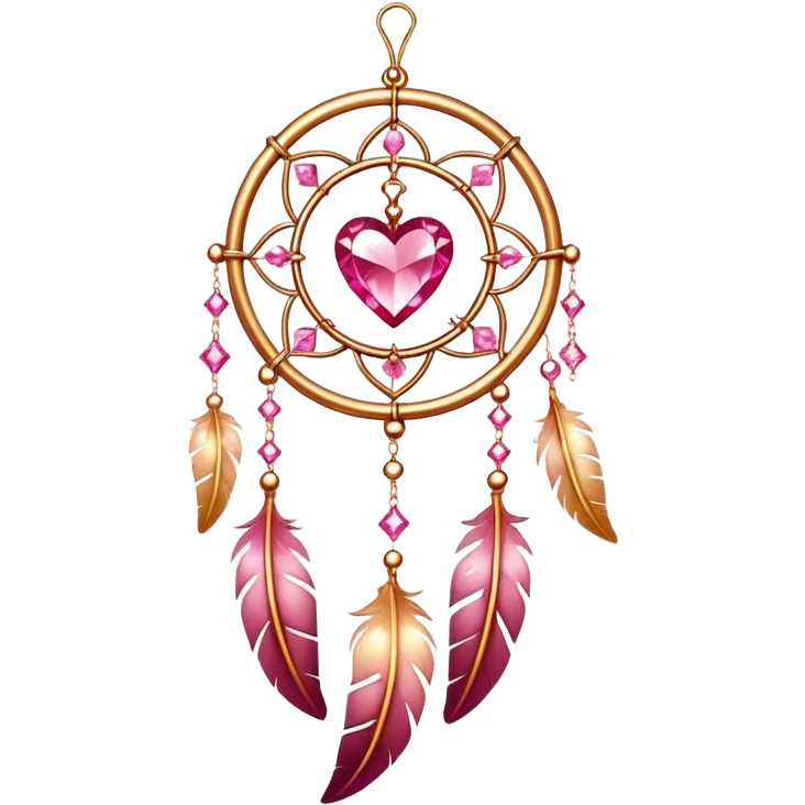 Reddish-pinkish and golden warm-colored romantic lush beautiful pretty hanging crystal-catcher aesthetic with hearts and sparkles and feathers emoji