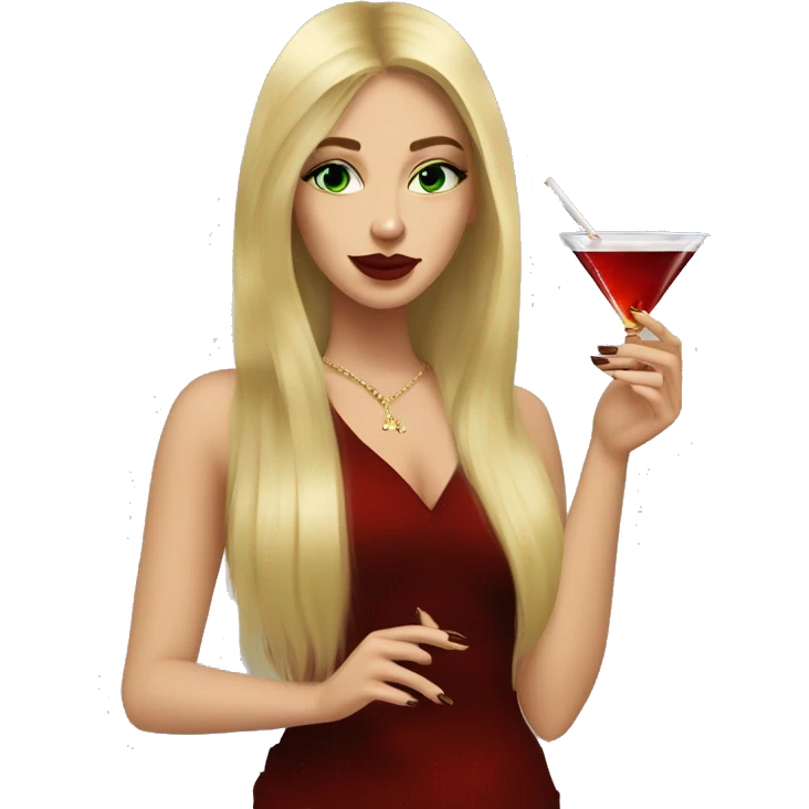 white, honey blonde long hair pretty girl with green eyes, smoking a cigarette and a martini in hand, dark red nails, looking cool  emoji