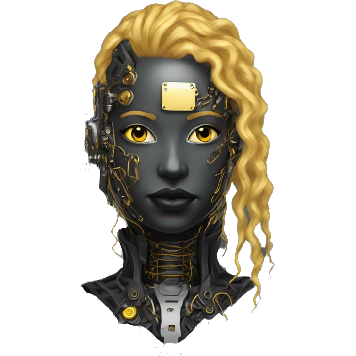 black metal female cyborg head with circuitry and yellow gold curly hair emoji