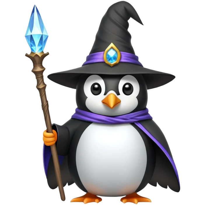 penguin dressed as a wizard with magical staff and pointy hat emoji