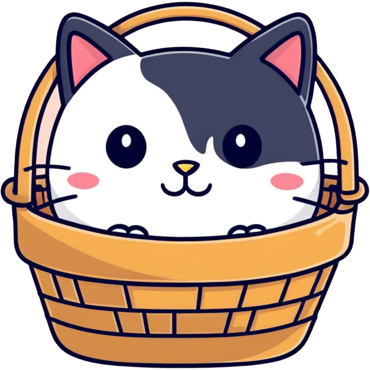 Tuxedo cat in a basket with strawberries  emoji
