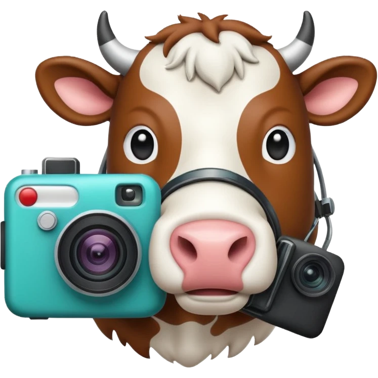 Emoji-style icon showing a cow and buffalo with a camera and image-upload symbol, representing taking a photo or selecting a file for breed detection. Simple, friendly, rounded design, clear at small sizes, teal and white accents, no text, transparent background. emoji