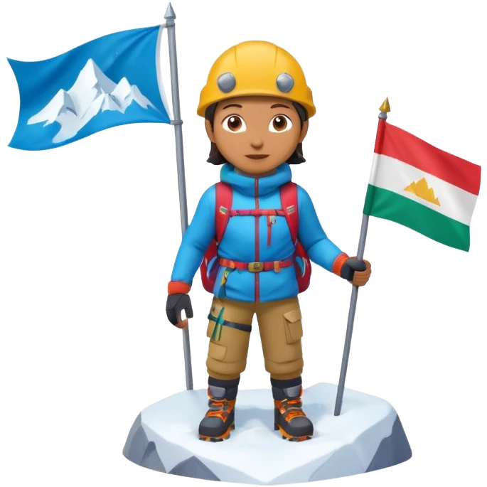 A 3D cartoon mountaineer standing on a snowy Everest-like summit with a flag, wearing colorful climbing gear, soft lighting, Memoji-style. emoji