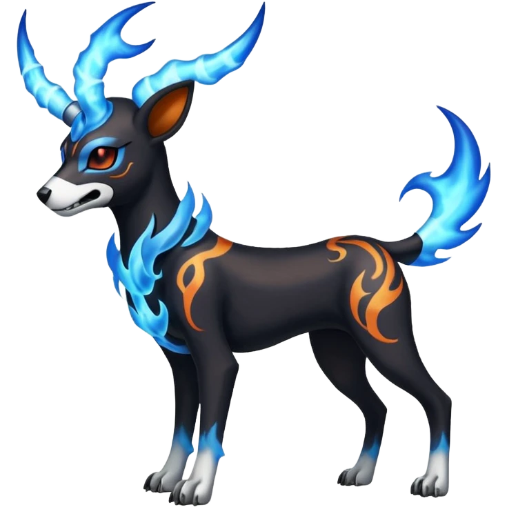 Horned skeletal Fiery black and white blue flames solarpunky elemental colorful hot will-o-wispy Houndoom-Torracat-Genesect-Pokémon-Fakémon-hybrid-creature emoji