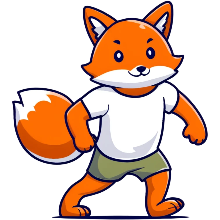 retro 1930s anthropomorphised fox in a t-shirt and shorts walking black and white emoji