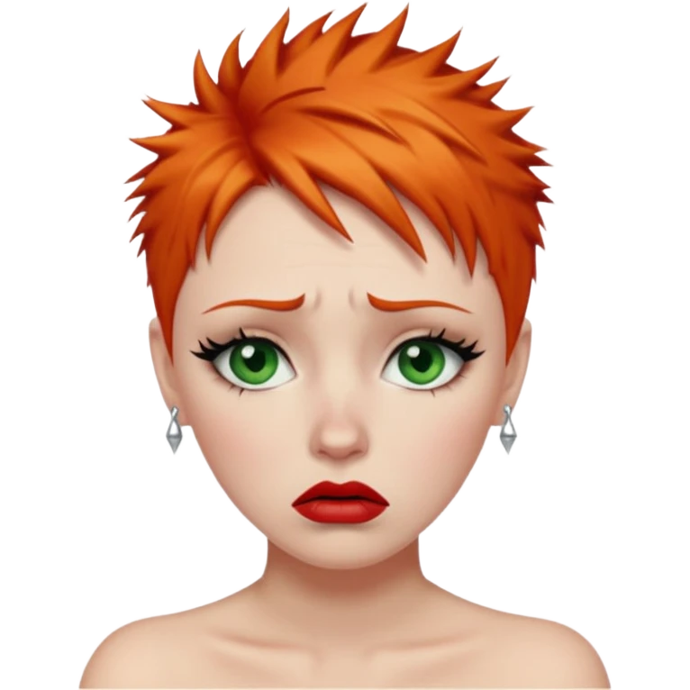 Short spikey Ginger hair, green eyes, black long eye lashes large red lips White woman very sad crying years coming out or eyes emoji