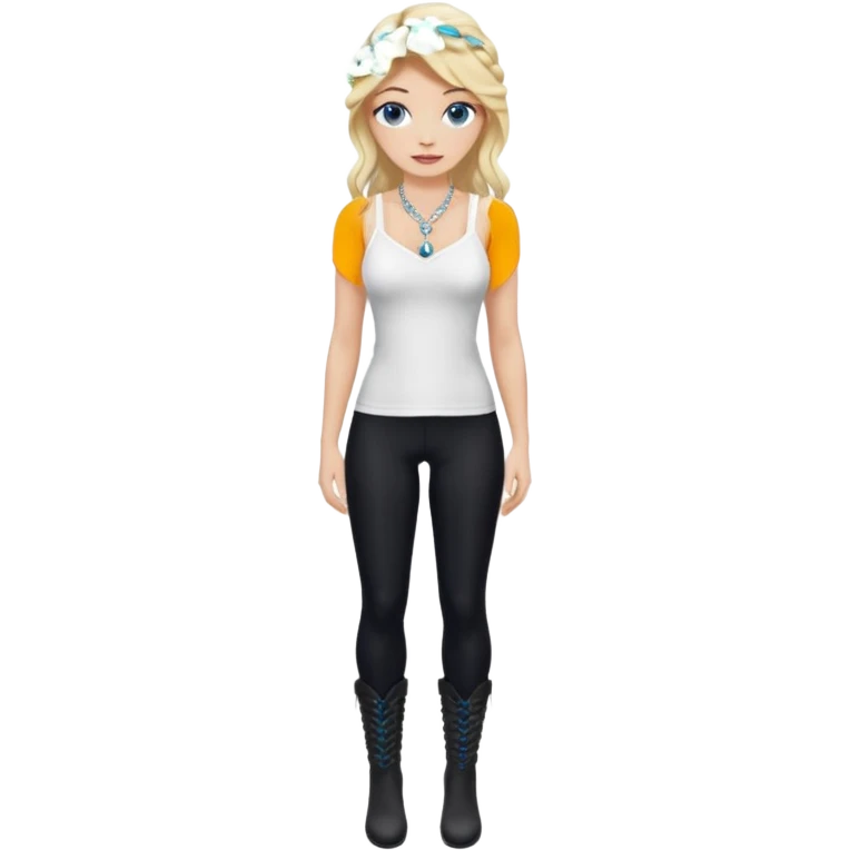 2yk Viktoria Secret Blonde Beauty model silk balayage long hair herringbone braid women with blue eyes wearing White Spaghetti top and black Leggins and Boots with heels and a Subtle rhinestone necklace  emoji
