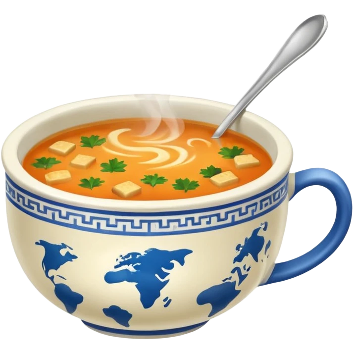 a cup of soup with world pattern emoji