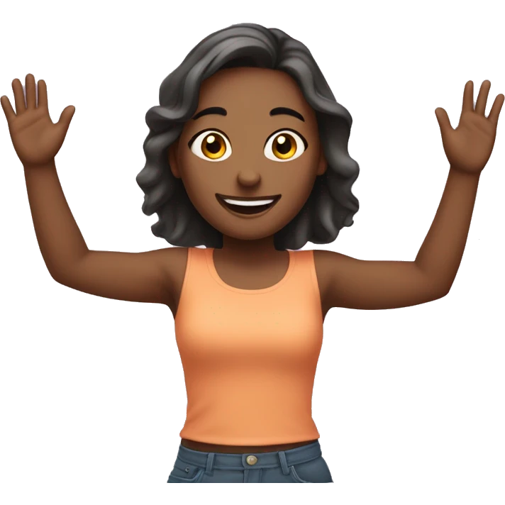 Girl with both hands in the air. Happy, frontal view above waist only. Enjoying emoji