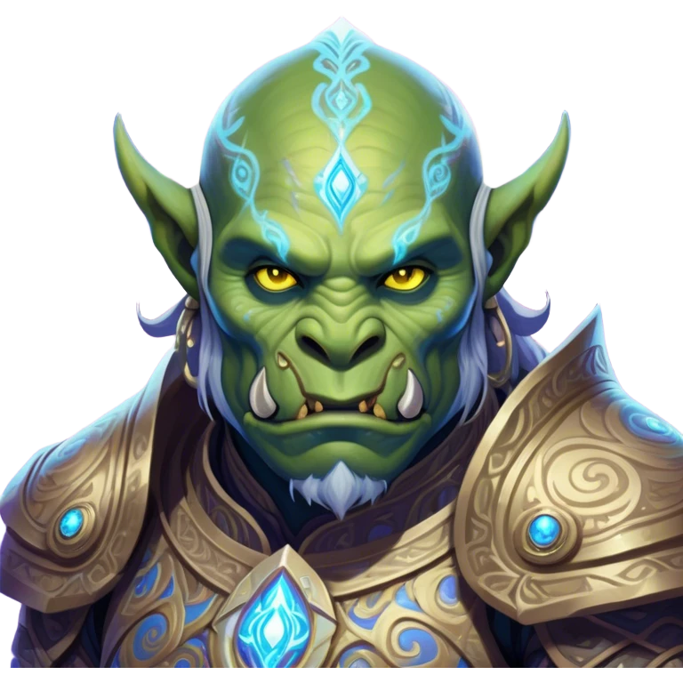 A luminescent galactic enchanted orc, his ethereal presence shimmering with otherworldly energy, each detail radiating with mystical power and ancient wisdom. The painting, a masterpiece of acrylic art, captures the orc's hauntingly beautiful visage in exquisite detail. Swirls of cosmic colors dance around him, evoking a sense of celestial wonder, while intricate patterns of glowing runes adorn his intricate armor. The image is vivid and captivating, drawing viewers into a mesmerizing realm of fantasy and magic. emoji