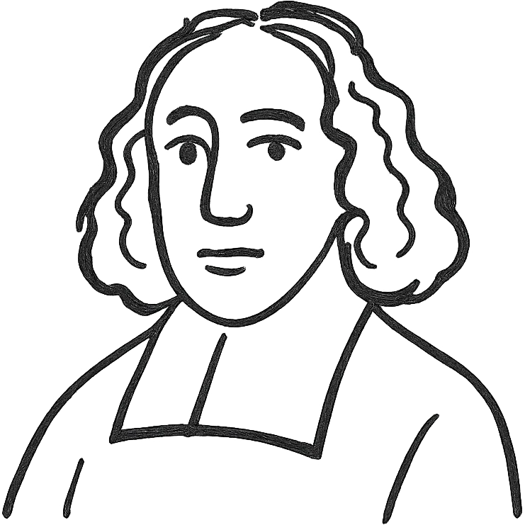 Spinoza as a black outline icon, no fill, hand-drawn look, recognizable philosopher features such as long curly hair and 17th-century collar emoji
