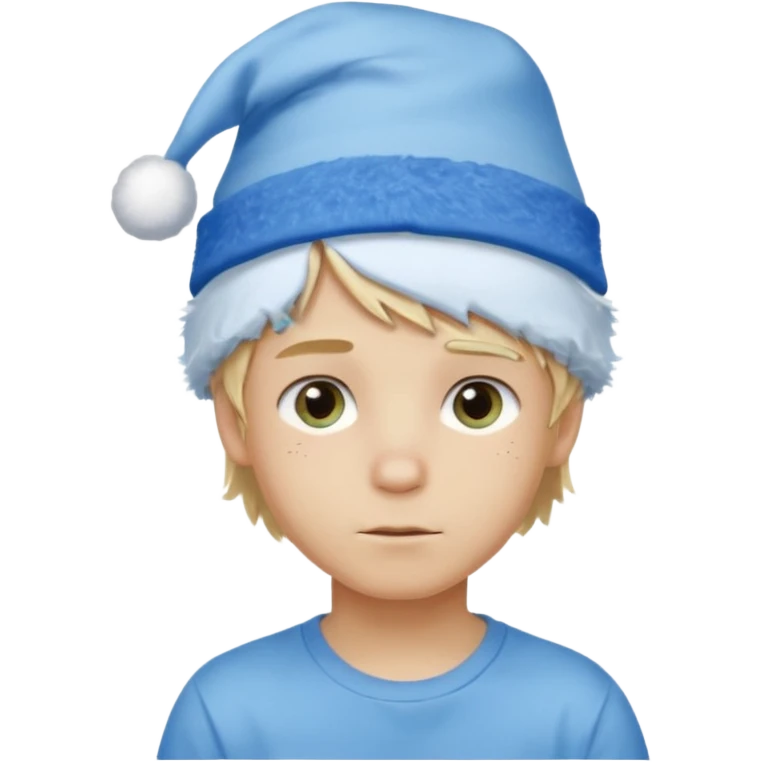 create boy blonde hair long messy, light eyes, white t shirt, rich, long hair, eyes blue, acessory head cristimas blue hat emoji
