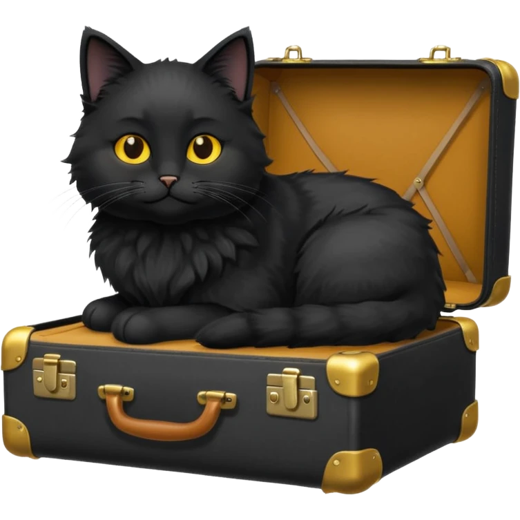 Black fluffy cat with suitcase in sun emoji