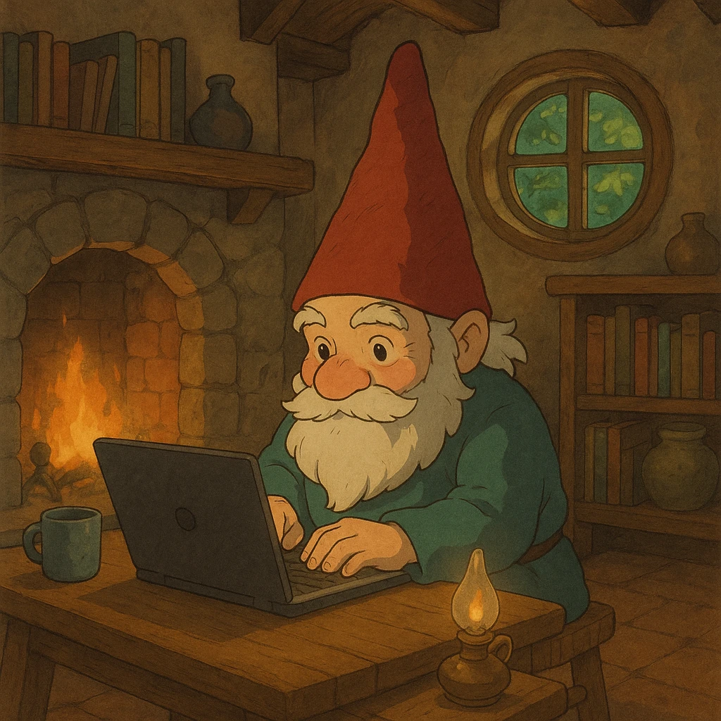 a gnome at a laptop, with a cozy, fantasy-inspired setting emoji