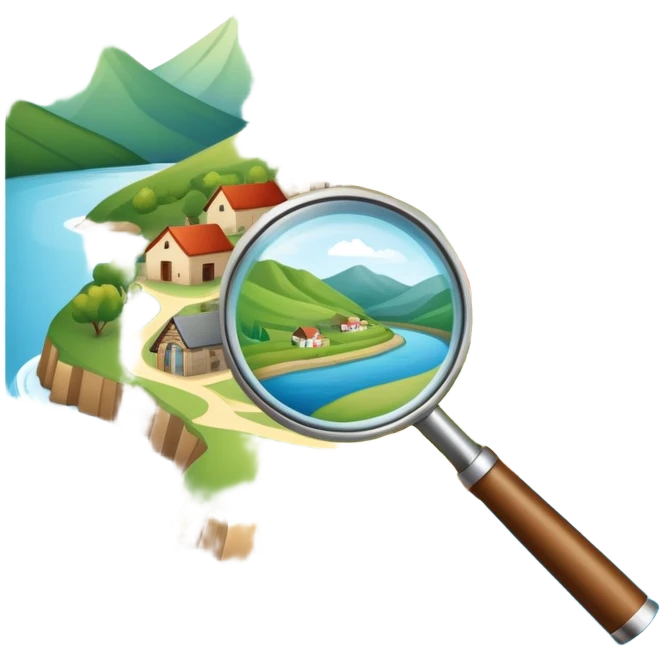 An icon featuring a magnifying glass over a local map, with a small village, traditional house, and natural landmarks like a river and hill, symbolizing local history and geography. Transparent background highlights the study of native land, culture, and heritage. emoji