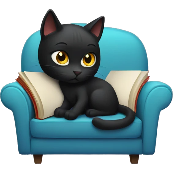 black cat on a couch reading a book emoji